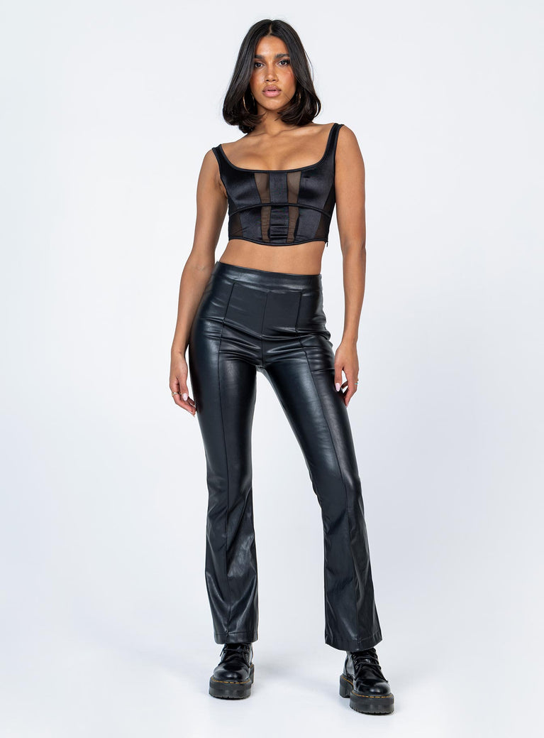 Black crop top Silky material  Sheer mesh panels  Wide neckline  Invisible zip fastening at side 