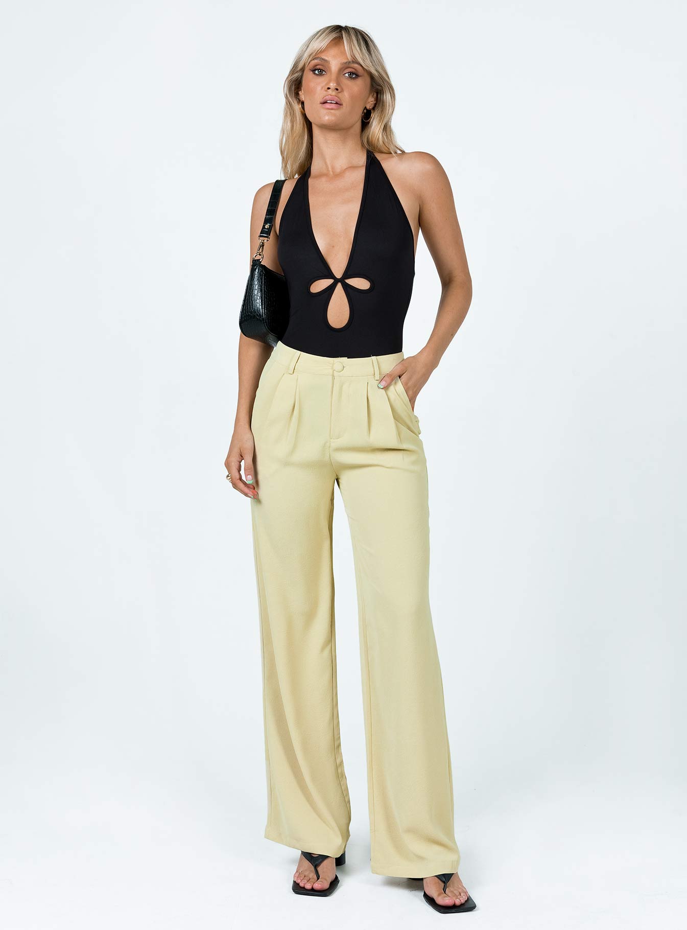 front view of model wearing Princess Polly Camino Bodysuit Black Sleeveless Plunger 