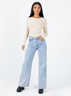 side view of model wearing Princess Polly Swenson Long Sleeve Bodysuit Beige Full Sleeves Crew Neck 