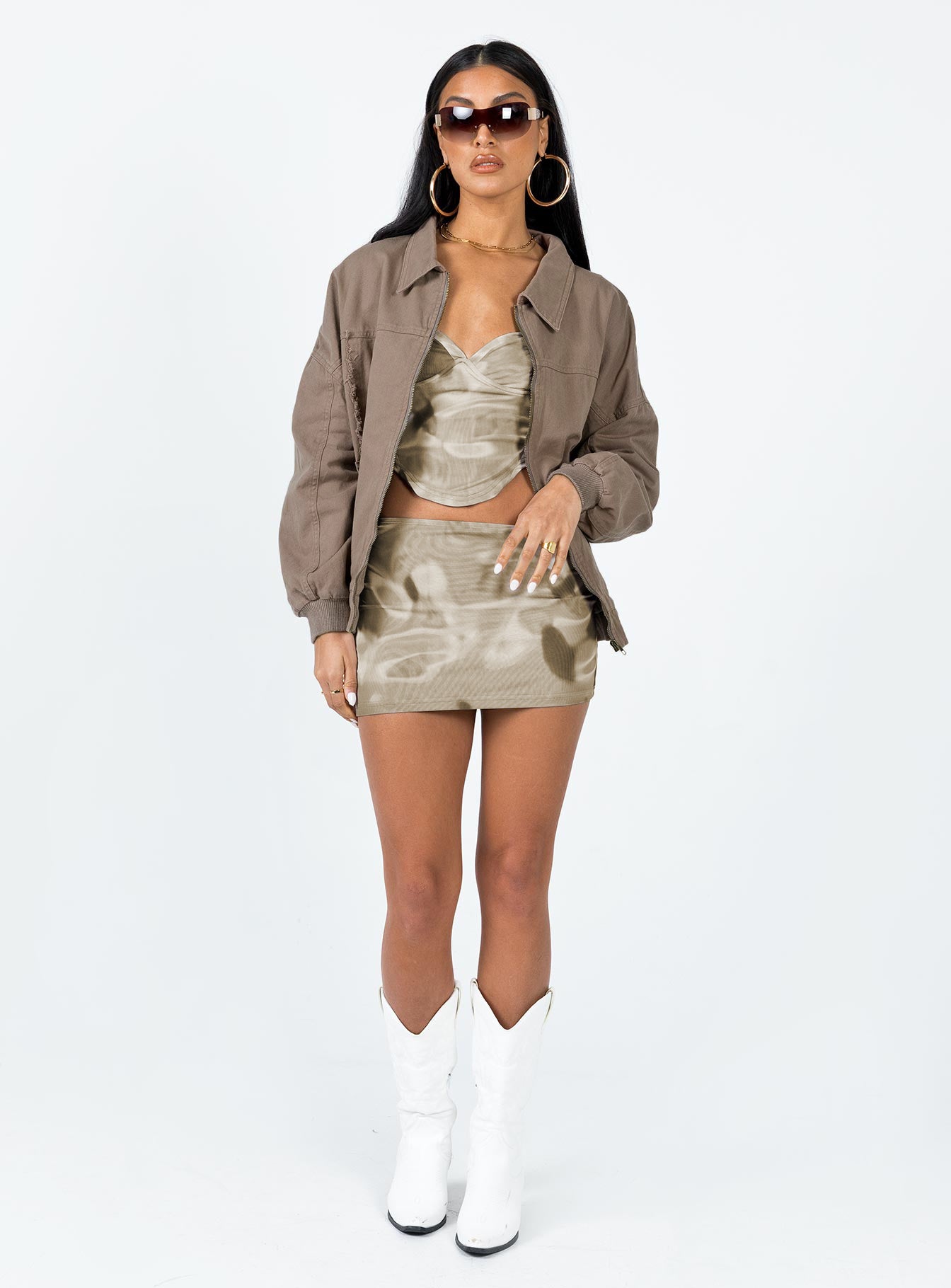 Bomber jacket Denim look material  Graphic print on back  Frayed detail  Classic collar  Zip front fastening  Drop shoulder 