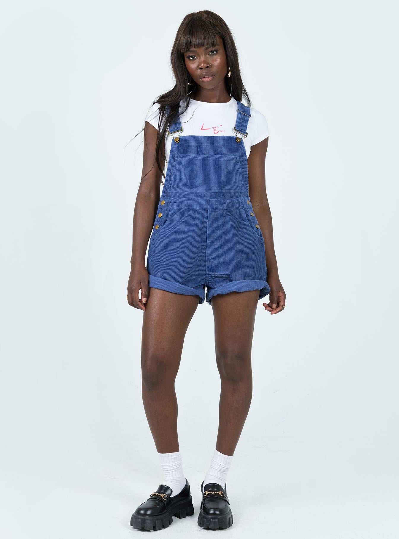 Kacey Short Overalls Navy Cord | Princess Polly