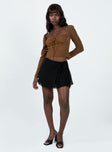 Front view of model wearing  front Princess Polly Full Sleeves High Neck  Stassy Long Sleeve Top Brown