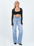Long sleeve crop top Sparkly material Square neckline Finger holes at cuff