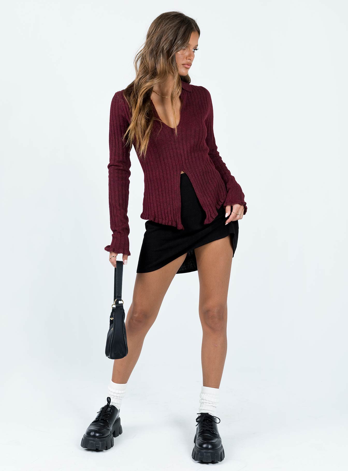 product Princess Polly Full Sleeves Cowl  Lahey Long Sleeve Polo Knit Top Maroon