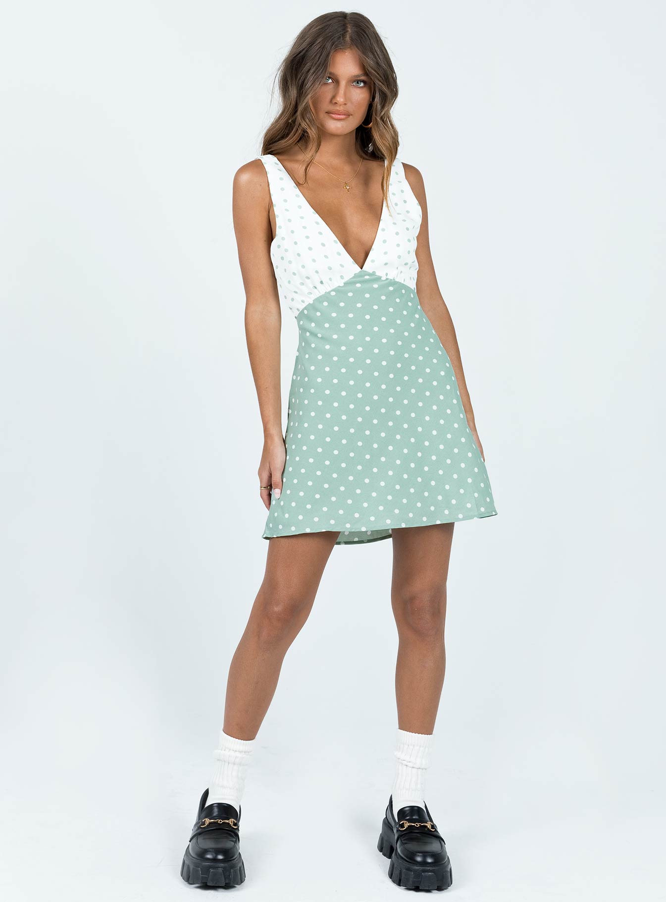 product Princess Polly Asymmetric Neckline  Nellie Mini Dress Mint Polka Dot