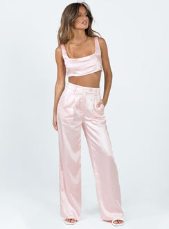 Matching set Silky material  Crop top Invisible zip fastening at side High waisted pants Wide relaxed leg Belt loops at waist Zip & button fastening