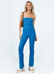 Matching set Ribbed knit material Strapless top Longline design High waisted pants Elasticated waistband Flared leg 