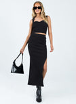 Matching set Ribbed material Crop top Sweetheart neckline Midi skirt Thick elasticated band at waist Good stretch Unlined 