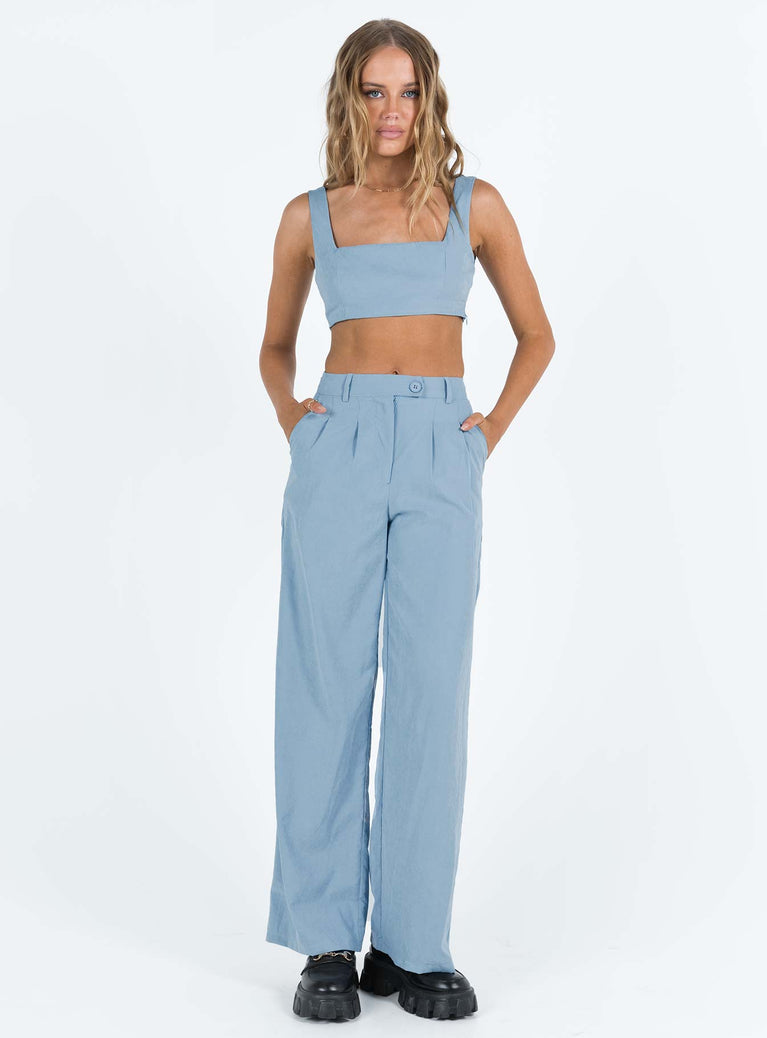 Matching set blue Soft brushed material Crop top Invisible zip fastening at side High waisted pants Wide relaxed leg Belt loops at waist Zip & button fastening Non-stretch Lined top