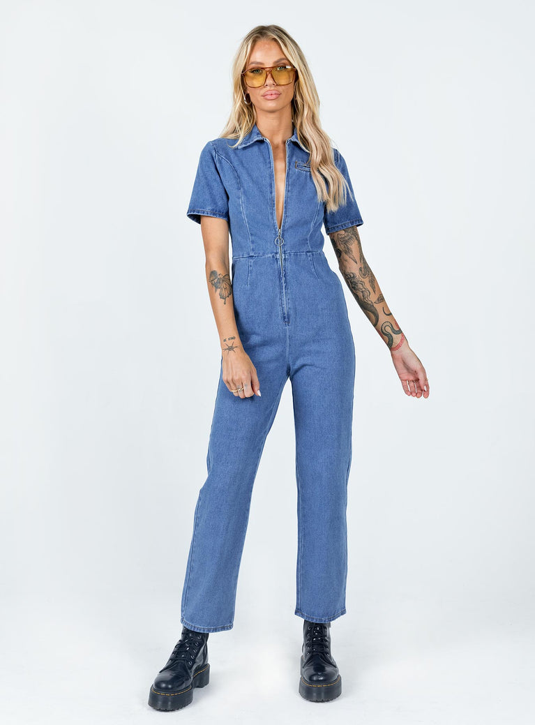 Bolier suit Slim fitting  Princess Polly Exclusive 100% Cotton Length of size US 4 / AU 8 shoulder to hem: 142cm / 55.9"  Dark wash denim  Classic collar  Zip front fastening  Faux chest pocket  Staright leg  Non-stretch Unlined 