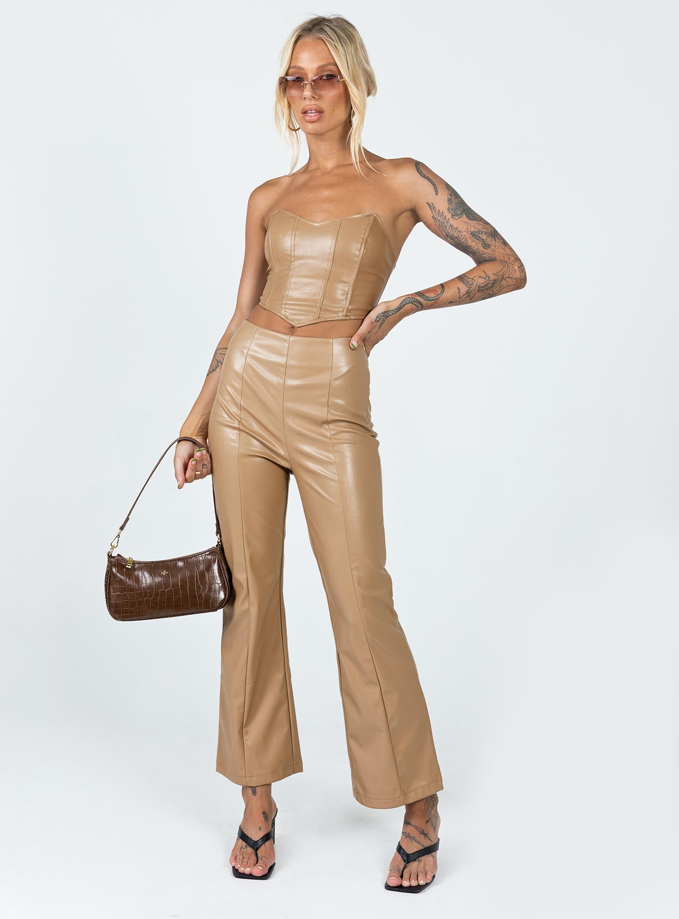 front view of model wearing Princess Polly Jessica PU Bustier Beige 