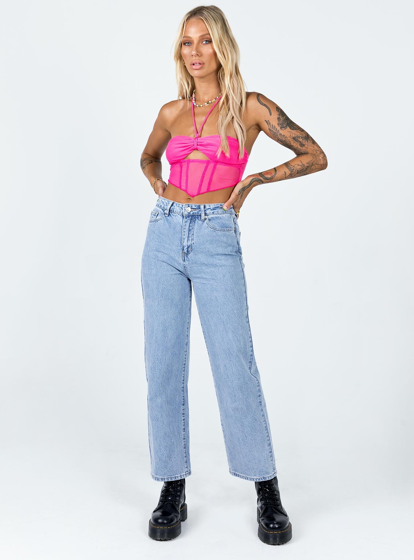 front view of model wearing Princess Polly Badalona Denim Jeans Mid Rise 