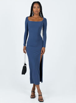 Front view of model wearing  front Princess Polly Crew Neck  Hayward Long Sleeve Midi Dress Blue