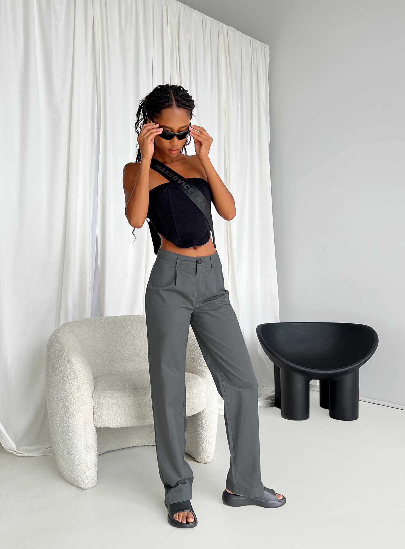 Front view of model wearing  front Princess Polly High Waisted Pants  Titius Pants Slate