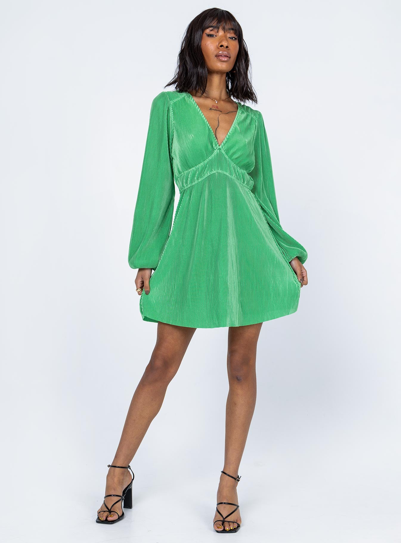 front view of model wearing Princess Polly Milan Long Sleeve Mini Dress Green 