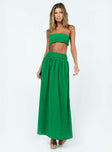 Green matching set Strapless crop top  Inner silicone strip at bust  Shirred back  High waisted maxi skirt  Gathered waist  Invisible zip fastening at back 