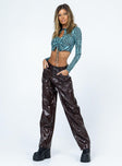 side view of model wearing Princess Polly Motel Parallel Trouser Croc PU Dark Brown 