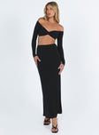 Black matching set Long sleeve crop top Off the shoulder design Knot detail at bust Maxi skirt Thin elasticated waistband Good stretch Partially lined