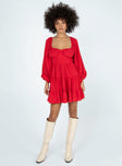 Princess Polly Square Neck  Danny Long Sleeve Mini Dress Red