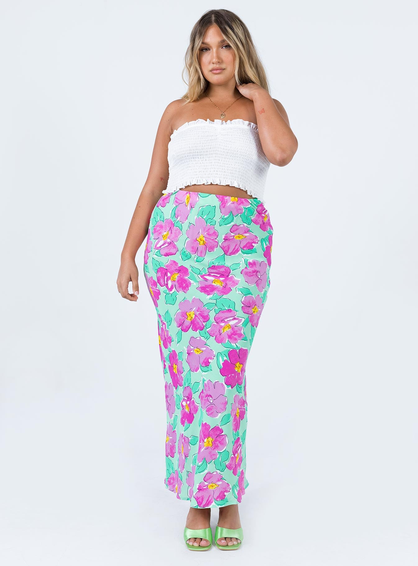   front view of model wearing Princess Polly Adah Maxi Skirt Green Maxi 