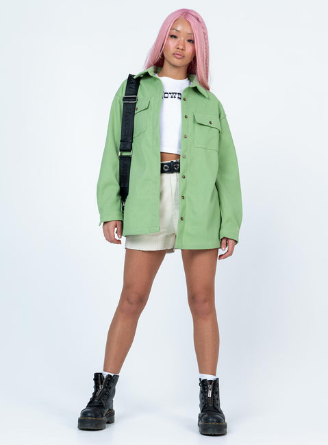 Green shacket button up breast pockets collared