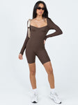 Long sleeve romper Ribbed material Open neckline Slight ruching at bust