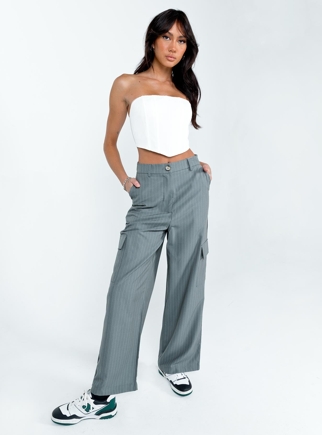 front view of model wearing Princess Polly Lilli Pants Grey 