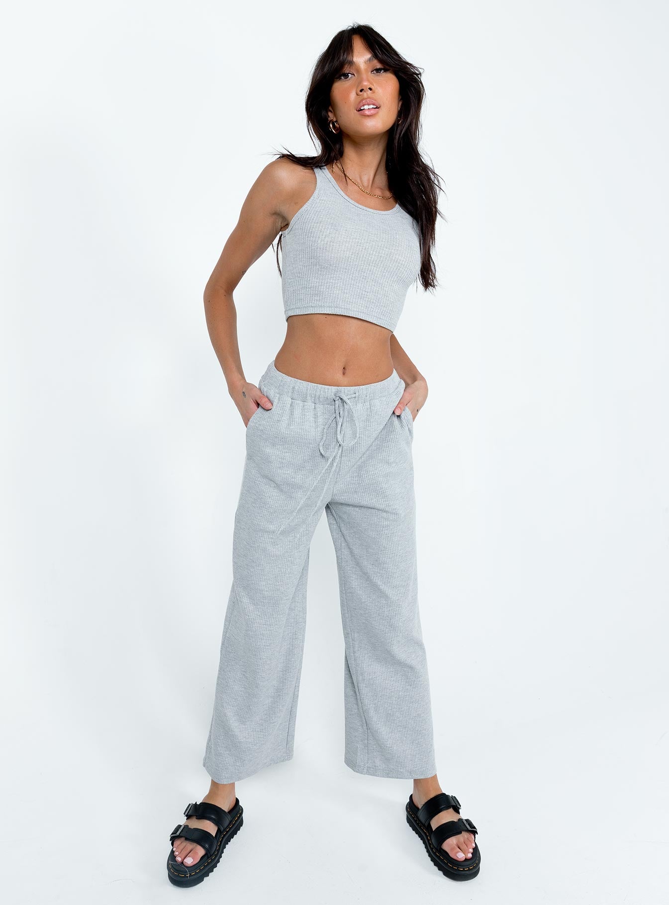 Grey matching set Cropped tank top  High waisted pants  Elasticated drawstring waist  Twin hip pockets  Straight leg 