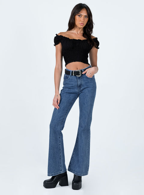Front view of model wearing  front Princess Polly High Waisted  Cabarita Lounge Denim Jeans Dark Wash