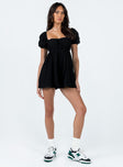 Romper Muslin look material Square neckline Puff sleeves Padded bust Tie fastening at back Elasticated back band