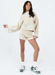 Matching set Knit material Sweater Drop shoulder Shorts Thick elasticated waistband Good stretch Unlined 