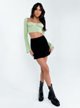 Green long sleeve top Sheer material  Elasticated shoulders  Gathered bust  Wired cups  Tie fastening at bust  Flared sleeves 