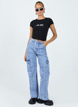 Front view of model wearing  front Princess Polly High Waisted  Vincent Cargo Jeans Mid Wash Denim