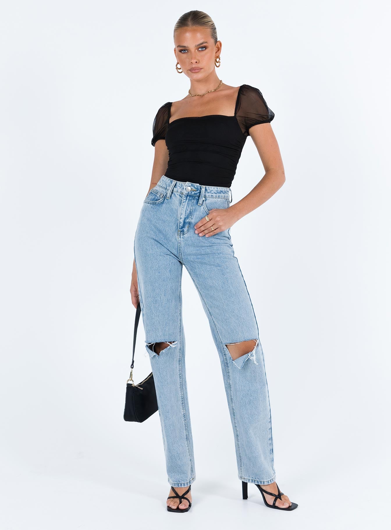 front view of model wearing Princess Polly Dostan Bodysuit Black Short Sleeves 