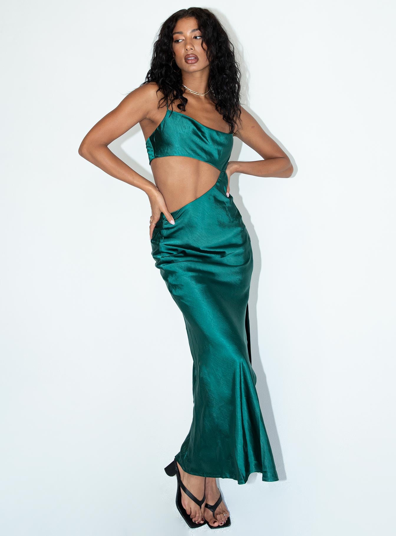 front view of model wearing Princess Polly Archer Maxi Dress Green 