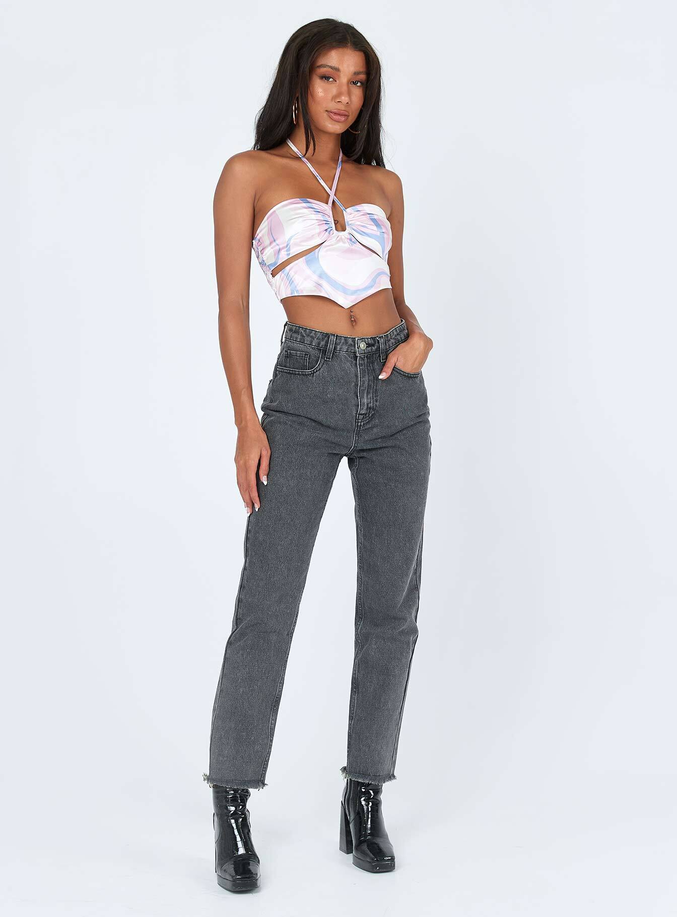 front view of model wearing Princess Polly Hartley Top Pink / Blue 