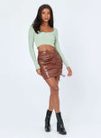 Davis Ruched PU Mini Skirt Brown