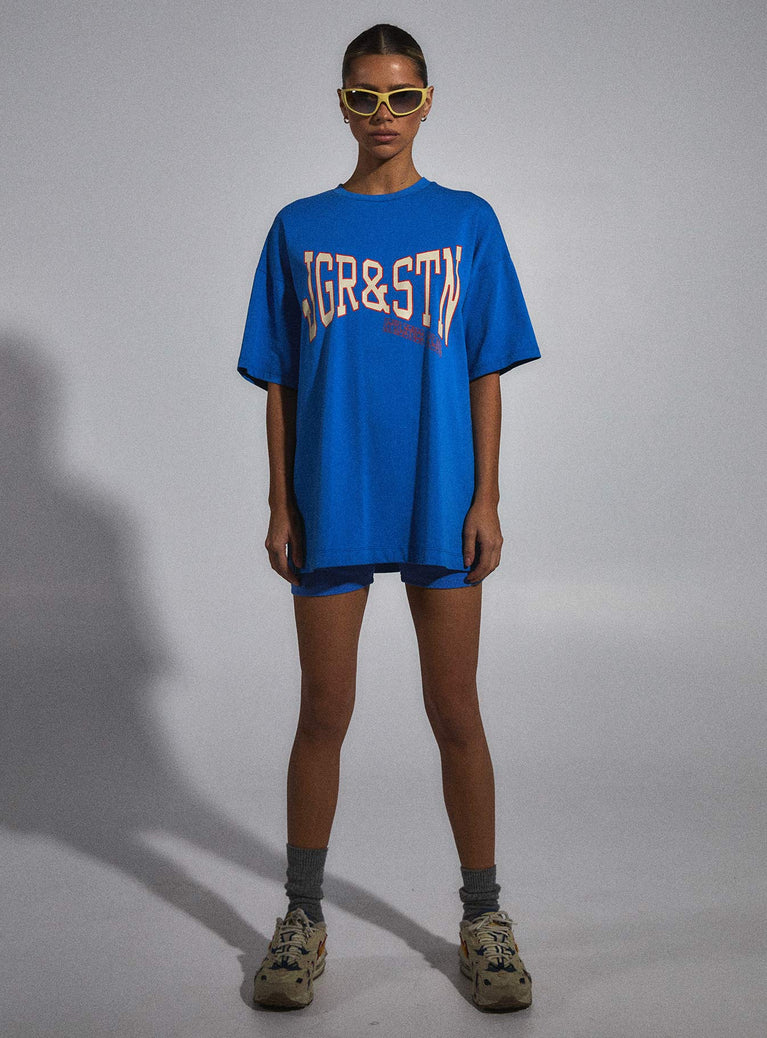 Front view of model wearing  front Princess Polly Half Sleeves Half Sleeves Crew Neck Crew Neck  JGR & STN Home Run Oversized Tee Blue