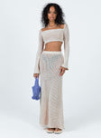 Two piece set Knit material Crop long sleeve top Square neckline Maxi skirt Elasticated waistband Good stretch 