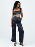 Matching set Soft silky material Crop top Fixed straps Invisible zip fasting at side High waisted pants Wide relaxed leg Belt loops at waist Zip & button fastening Lined top