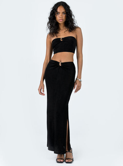 Matching set Strapless crop top Silver-toned ring detail Inner silicone strip Maxi skirt Leg slit  Good stretch Lined top