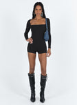 Black long sleeve playsuit Ribbed material Square neckline Invisible zip fastening at back Good stretch