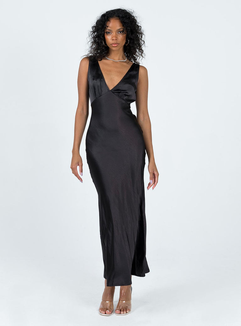 Maxi dress Silky material V neckline Gathered detail at bust Invisible zip fastening at side Tie fastening at back