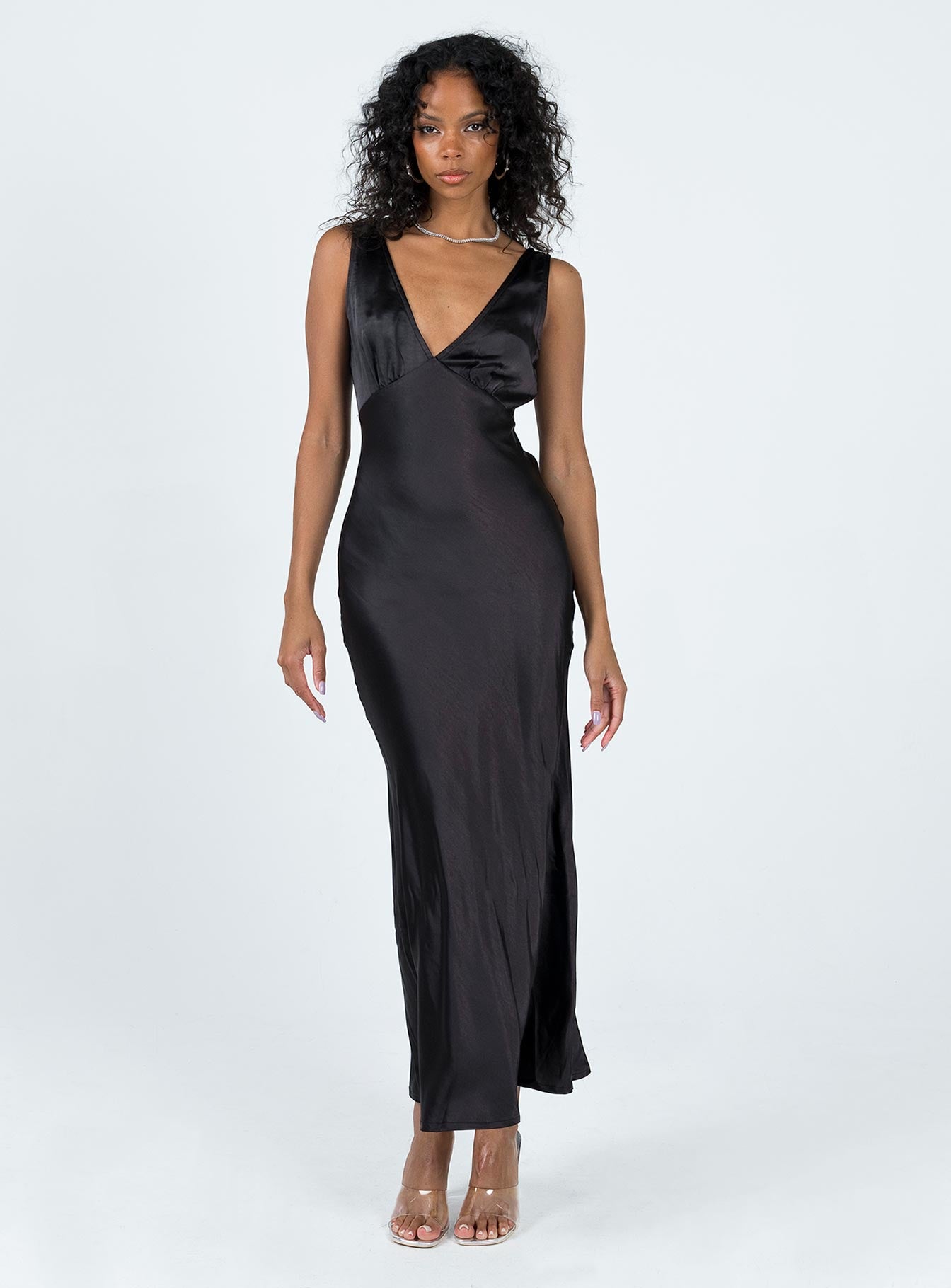 Front view of model wearing  front Princess Polly Asymmetric Neckline  Nellie Maxi Dress Black