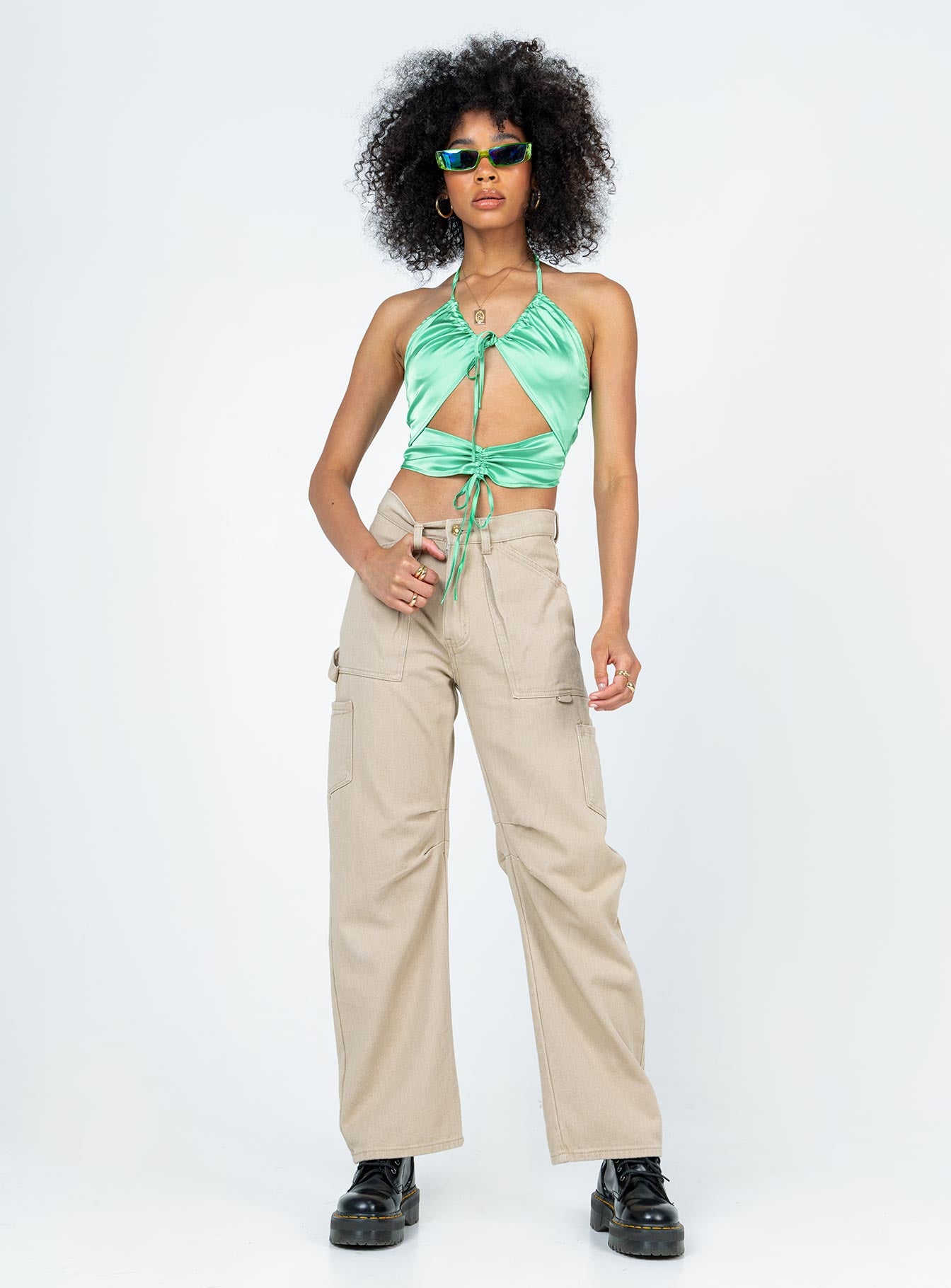 front view of model wearing Princess Polly Durante Top Green 