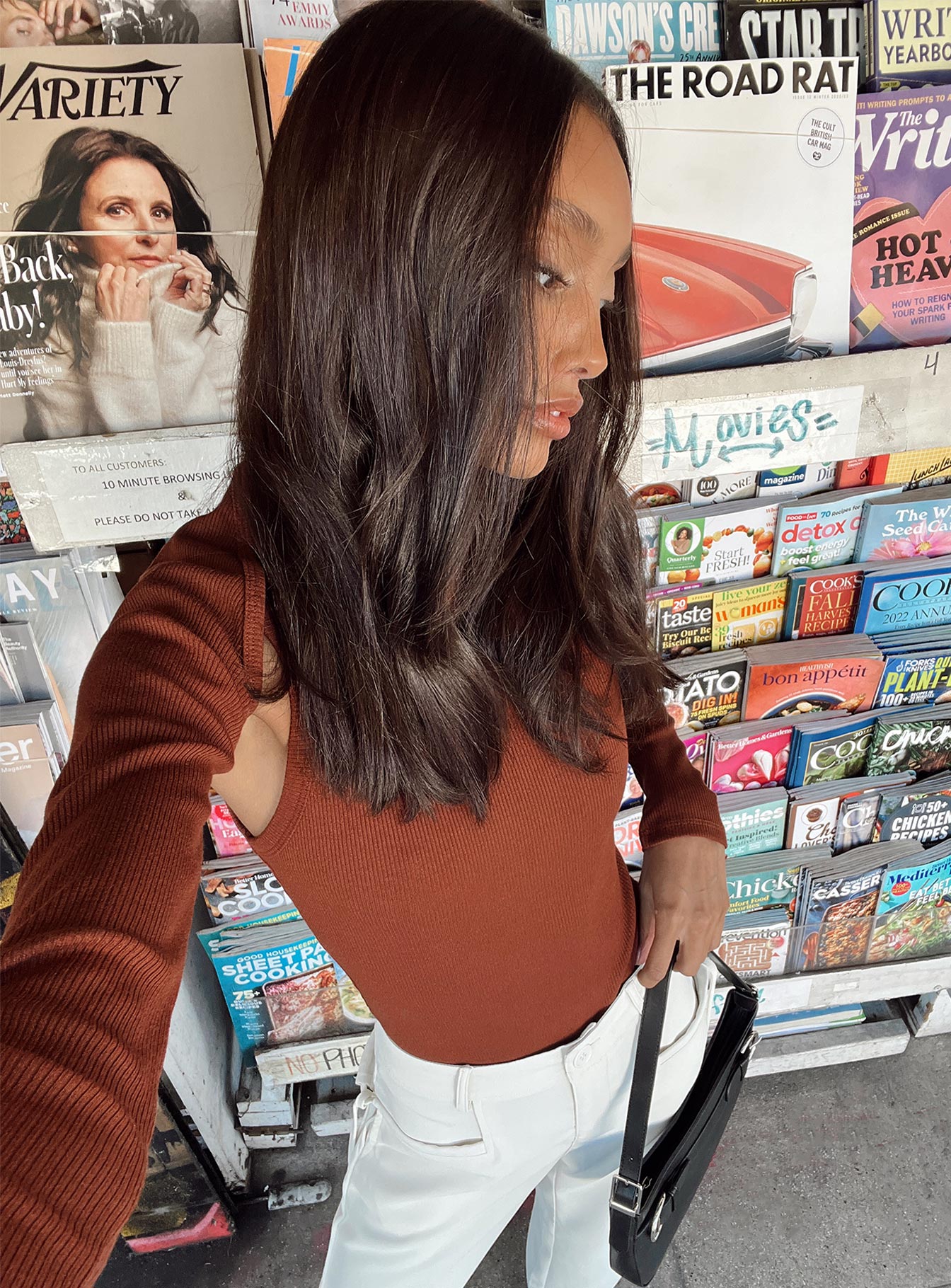 back view of model wearing Princess Polly Bray Bolero Tank Bodysuit Brown Sleeveless Crew Neck 