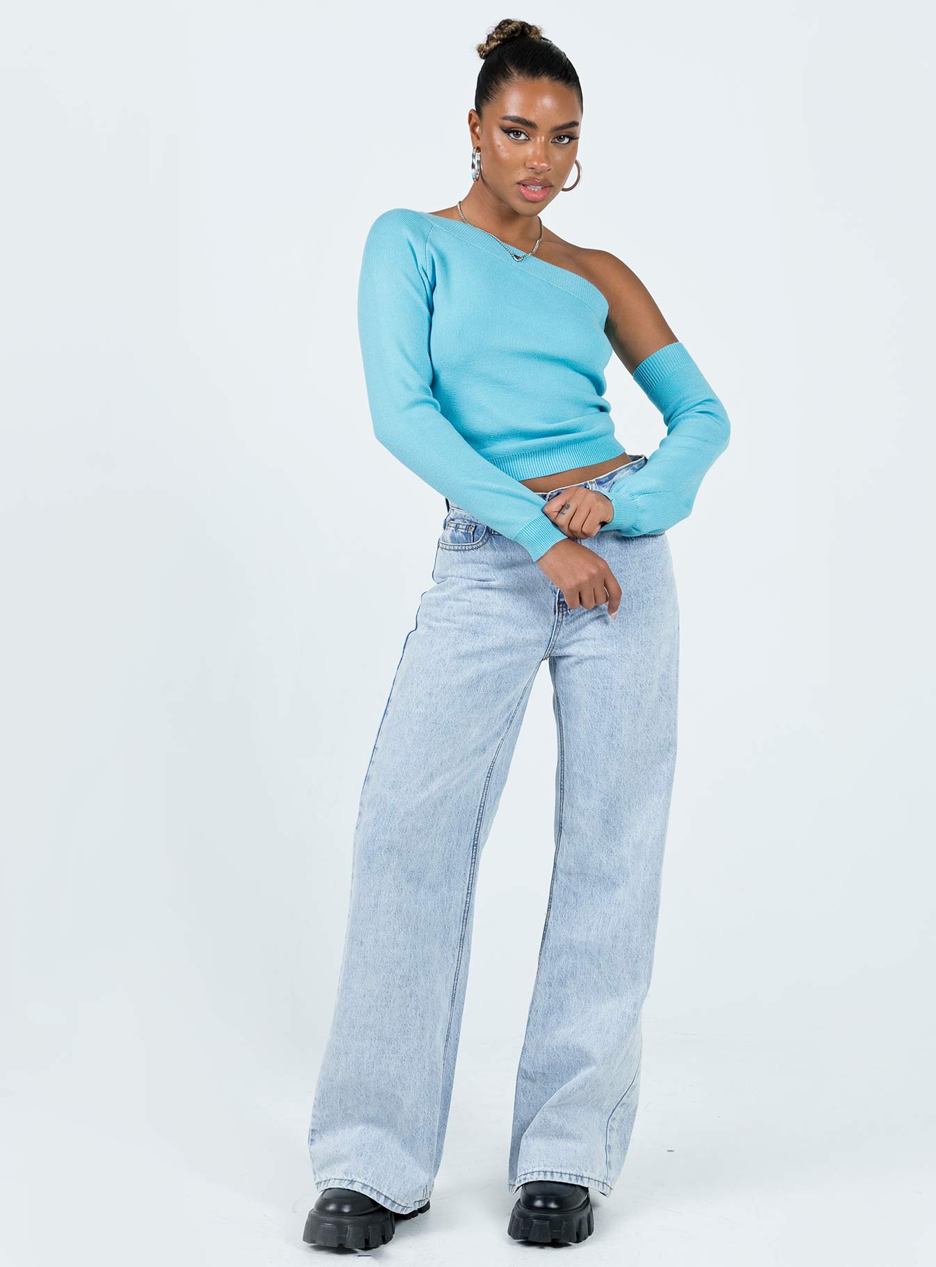 Yvonne One Shoulder Sweater Blue Princess Polly  Cropped 