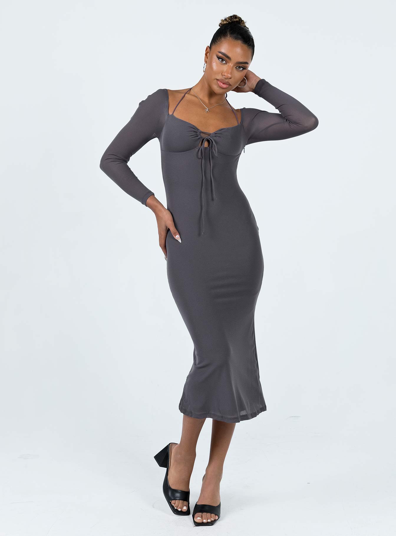 Front view of model wearing  front Princess Polly Crew Neck  Fowlers Long Sleeve Midi Dress Slate