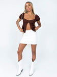 front view of model wearing Princess Polly Patrea Top Brown Short Sleeves Square Neck 