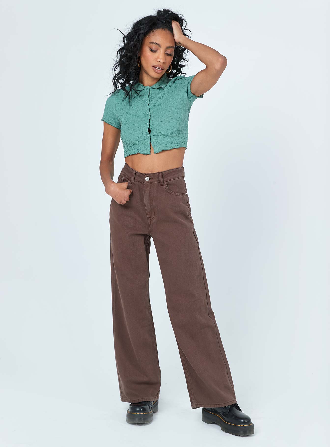 front view of model wearing Princess Polly Denver Denim Jeans Brown High Waisted 